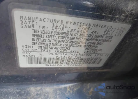 2017 Nissan Sentra Sv z USA, uszkodzony, nr VIN 3N1AB7AP4HY239283